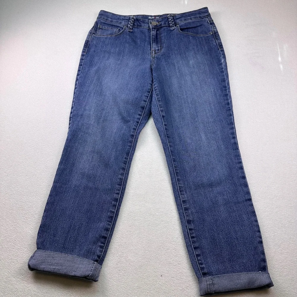 Style & Co Denim Womens‎ Ankle Jeans Blue Medium Wash Braided Belt Loops Size 6
